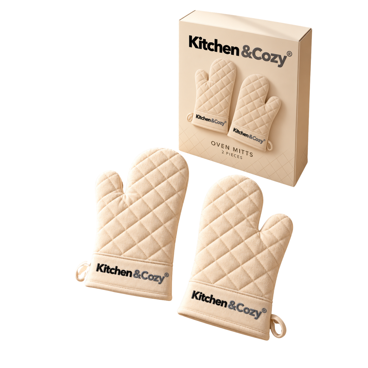 Kitchen&Cozy Beige Quilted Oven Mitts – Set of 2
