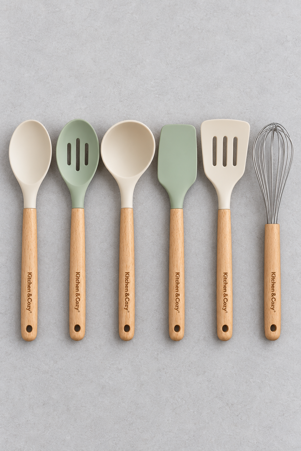 Kitchen&Cozy 6-Piece Silicone Kitchen Utensil Set with Wooden Handles