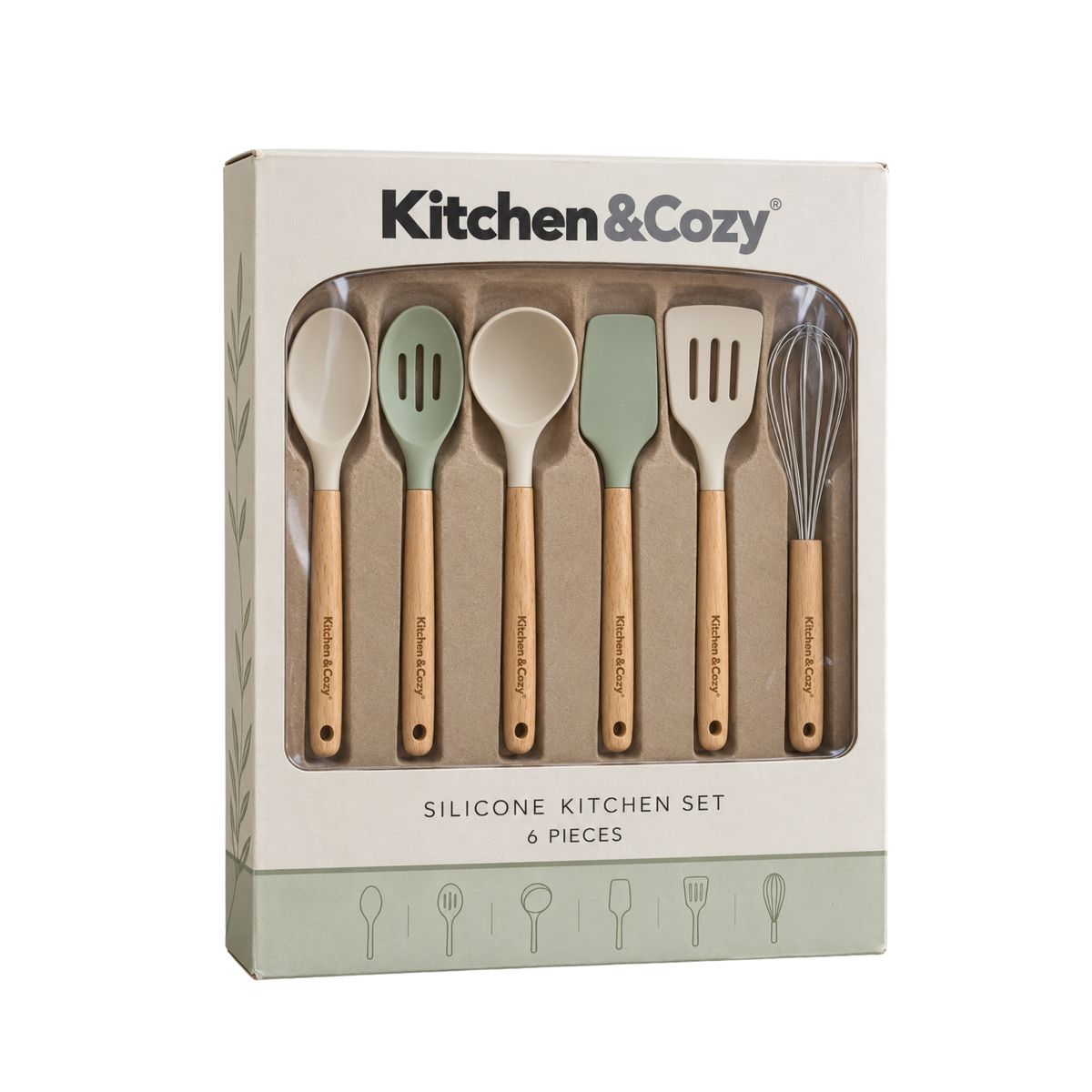 Kitchen&Cozy 6-Piece Silicone Kitchen Utensil Set with Wooden Handles