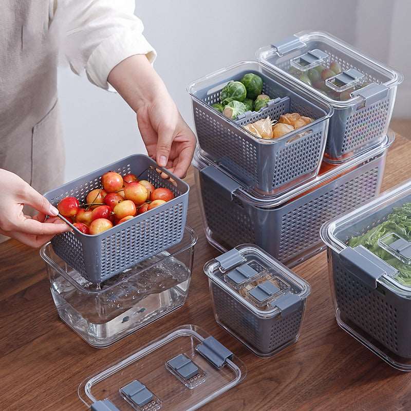 Kitchen Refrigerator Storage Containers With Lid PET Fresh-Keeping Storage Box Fruit Vegetable Drain Crisper Kitchen Storage Box